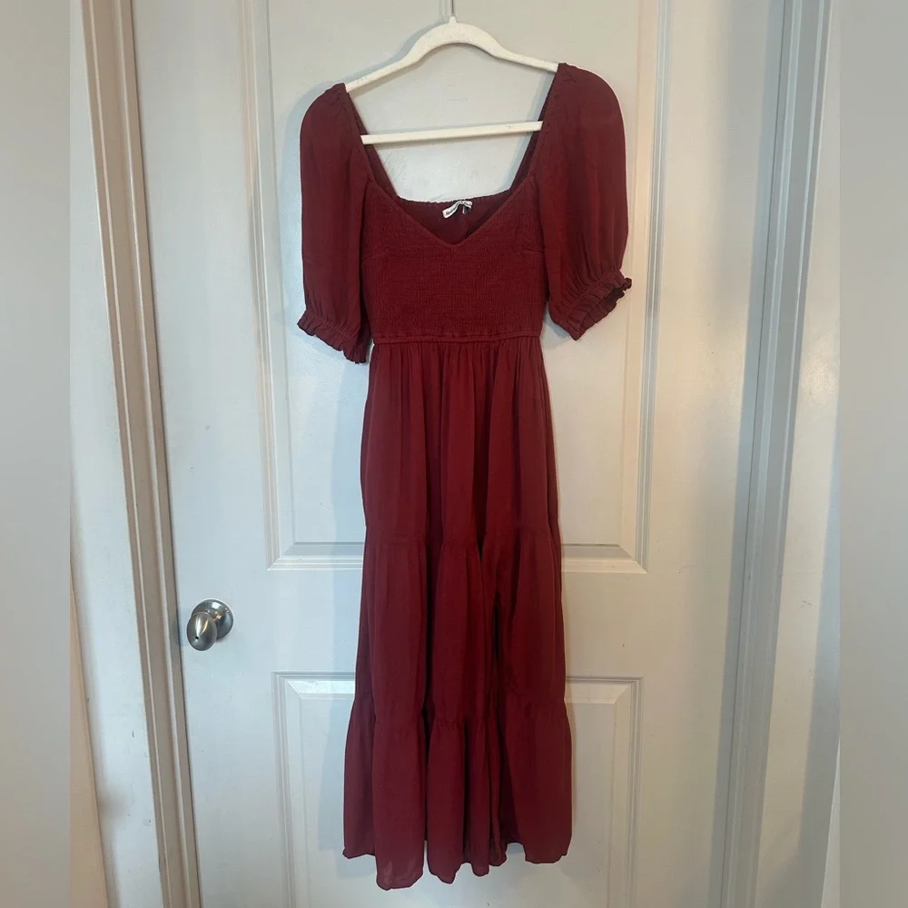 Abercrombie&Fitch Smock Front Puff Sleeve Tiered RuffleHem Burgundy Maxi Dress,S